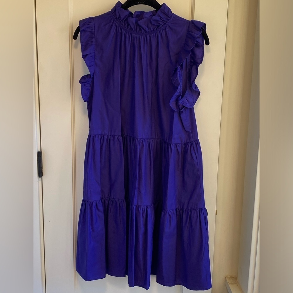 Felicite smocked midi tiered dress. Sateen cotton in deep purple. Ruffled neck - Picture 4 of 7